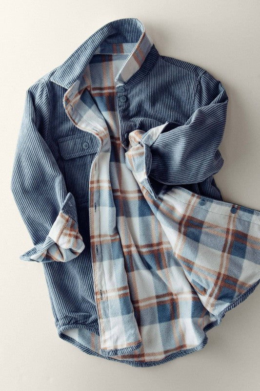 Reversible Corduroy Flannel Plaid Shacket Western for Women in BLUE STONE - Women's Jackets & Blazers | Urban Daizy
