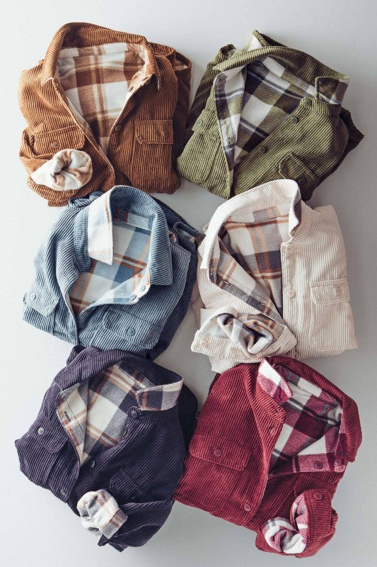 Reversible Corduroy Flannel Plaid Shacket Western for Women - Women's Jackets & Blazers | Urban Daizy