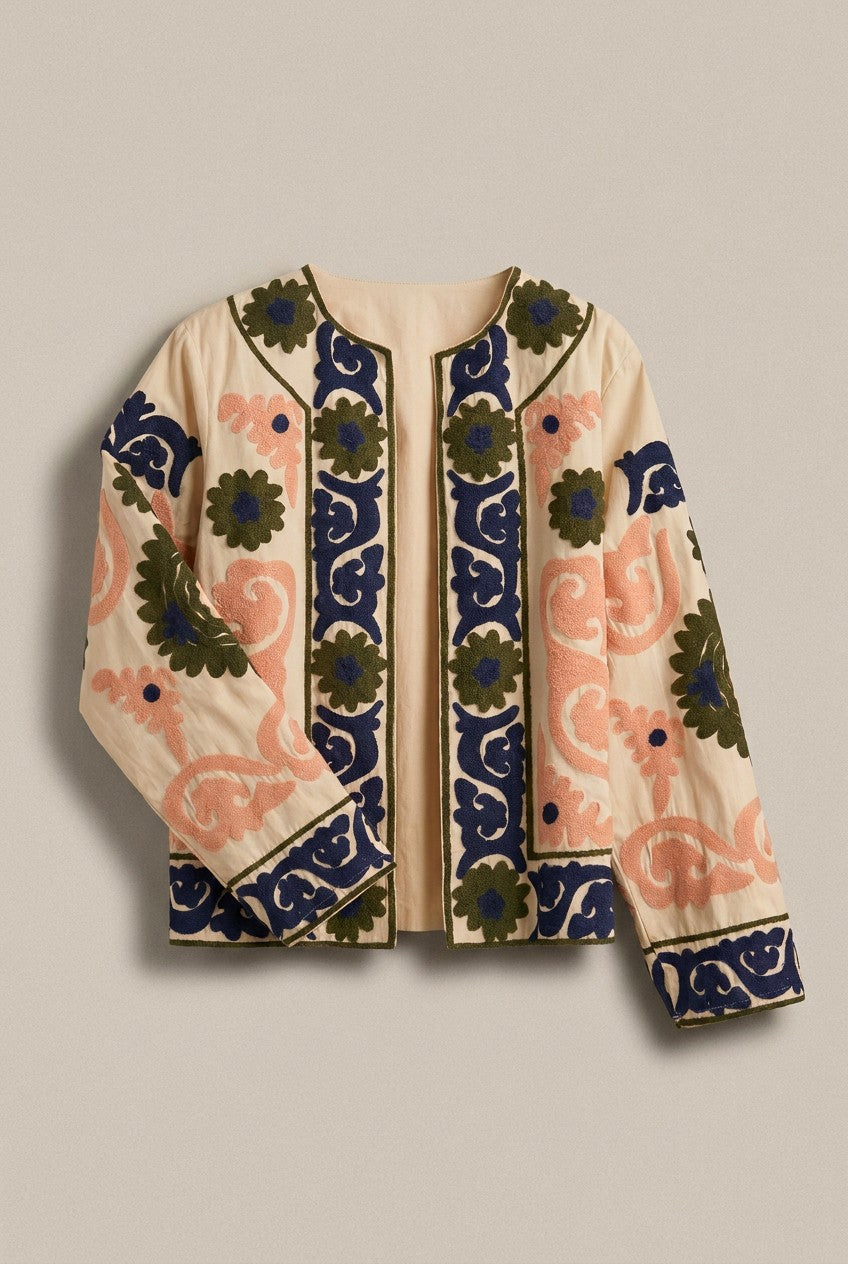 Suzani Embroidered Cotton Jacket with Floral Scroll - Women's Jackets & Blazers | Urban Daizy