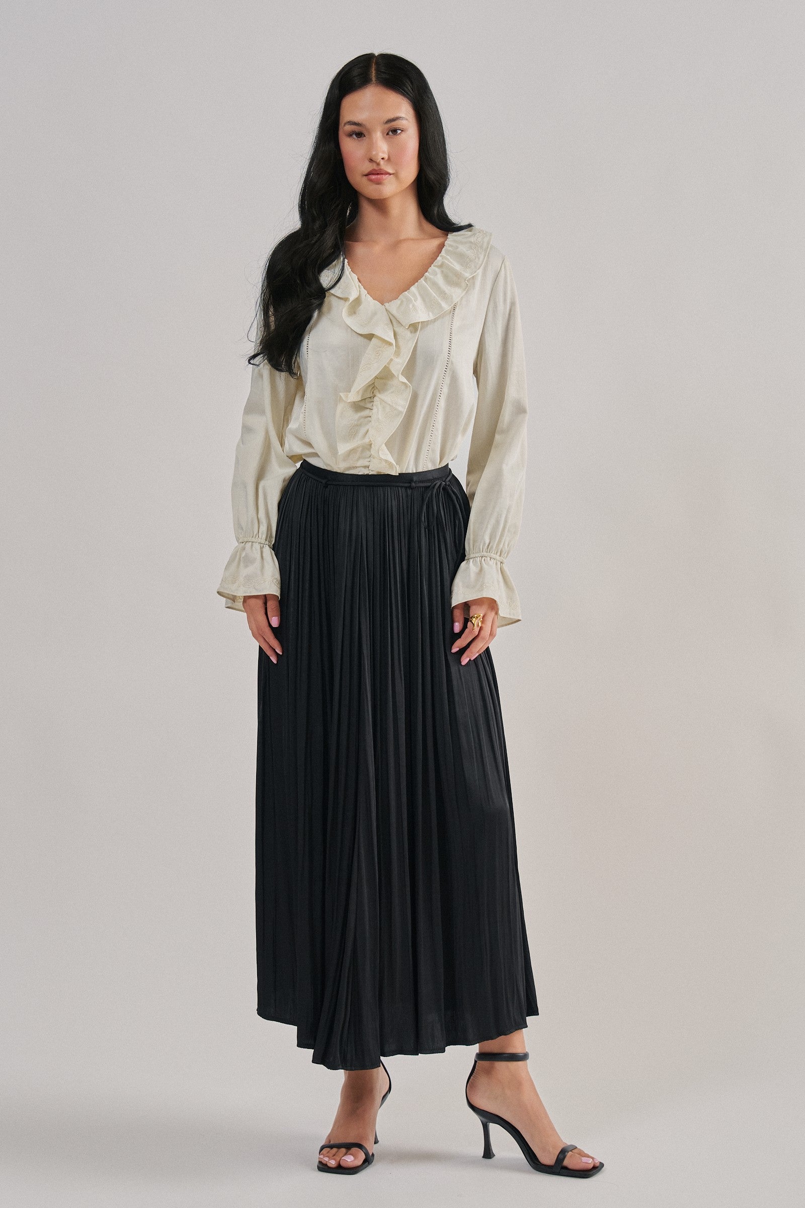 Washed Satin Crinkle Pleated Maxi Skirt in BLACK - Women's Maxi Skirts | Urban Daizy