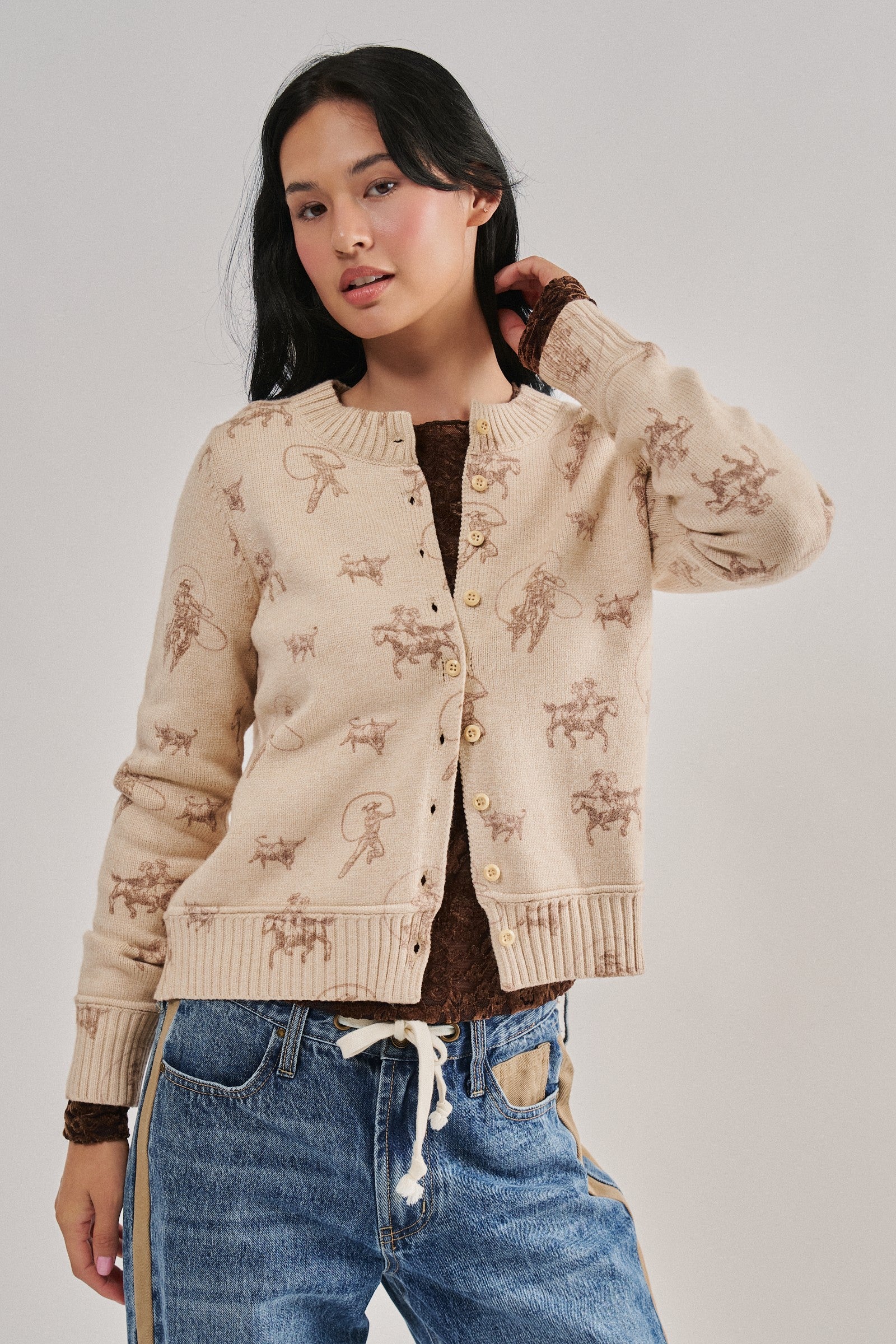 Western Cowboy Print Button Front Cardigan Sweater in KHAKI - Women's Cardigans & Shrugs | Urban Daizy