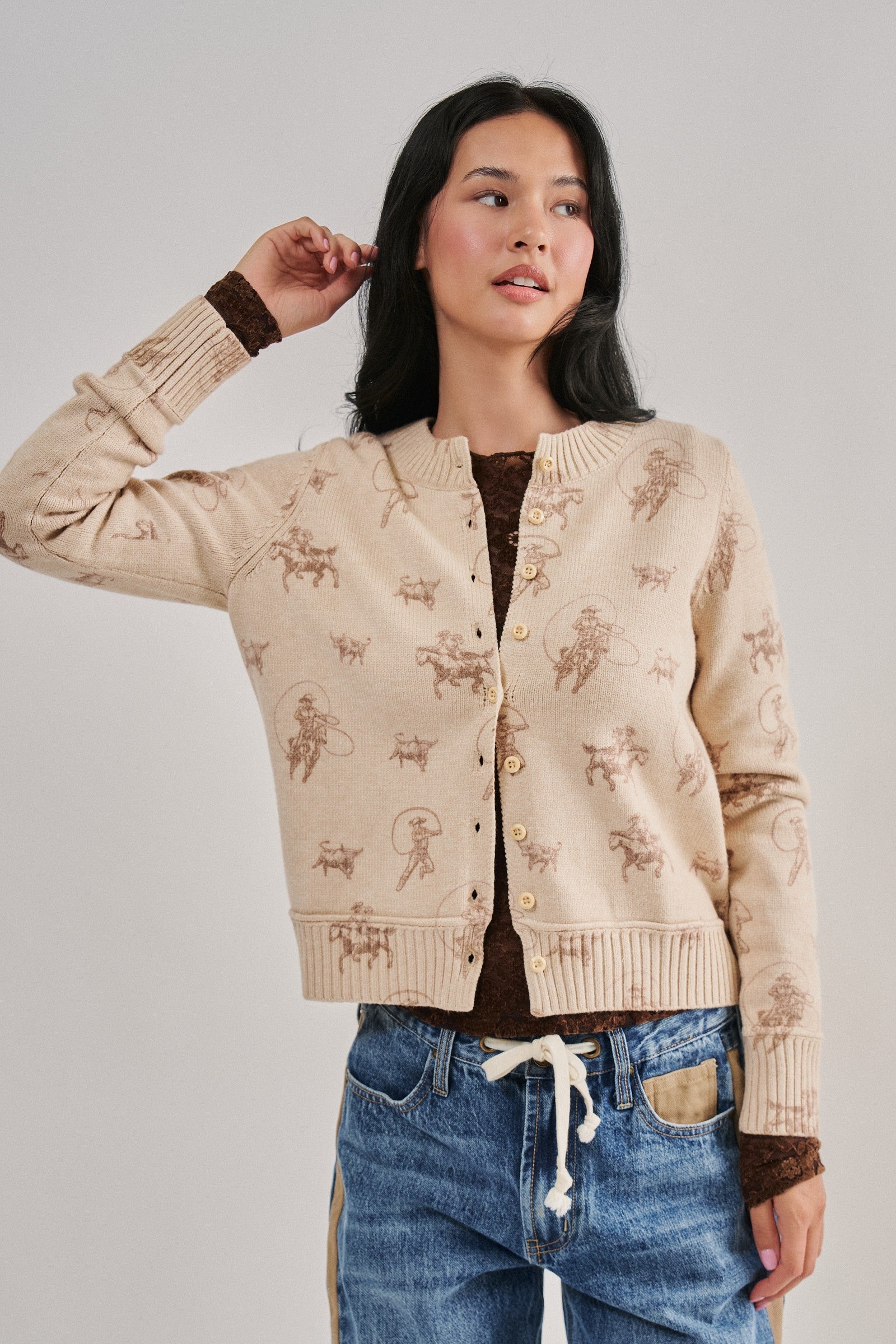 Western Cowboy Print Button Front Cardigan Sweater in KHAKI - Women's Cardigans & Shrugs | Urban Daizy