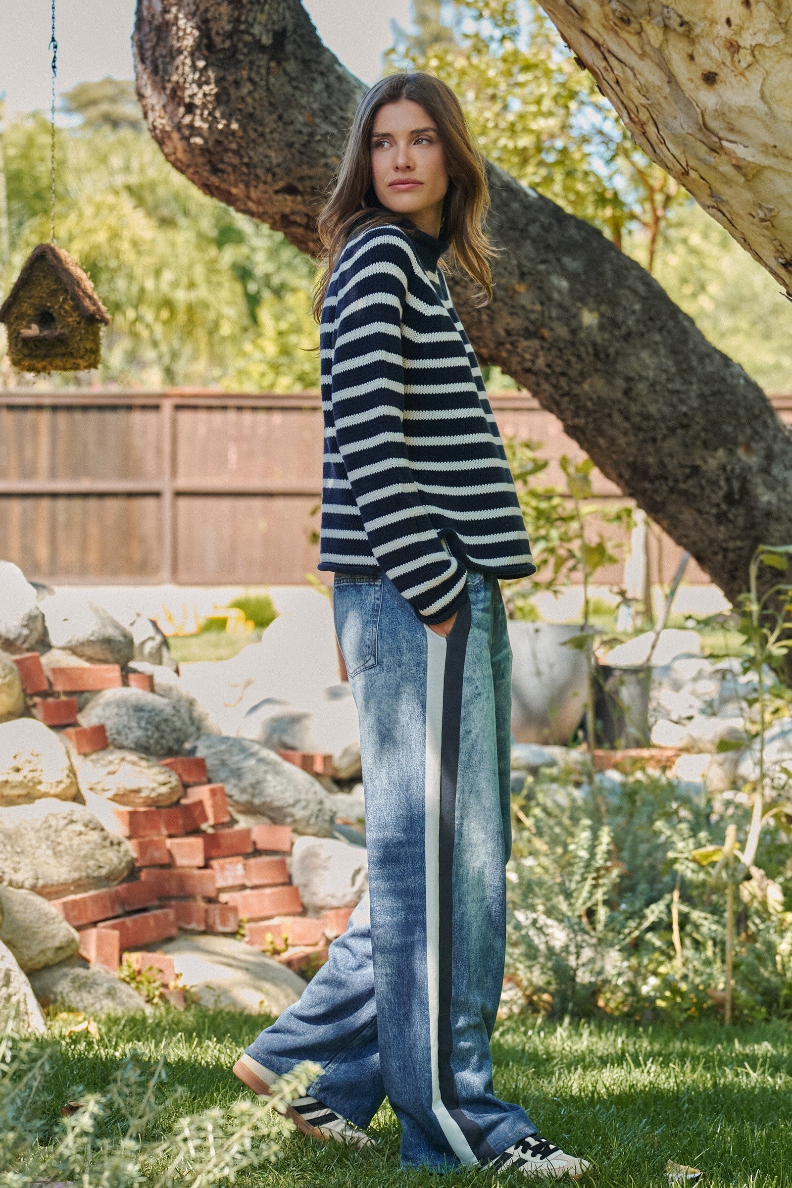Wide Leg Faux Denim Print French Terry Track Pants with Side in IVORY NAVY - Women's Casual Pants | Urban Daizy