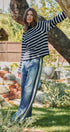 Wide Leg Faux Denim Print French Terry Track Pants with Side in IVORY NAVY - Women's Casual Pants | Urban Daizy