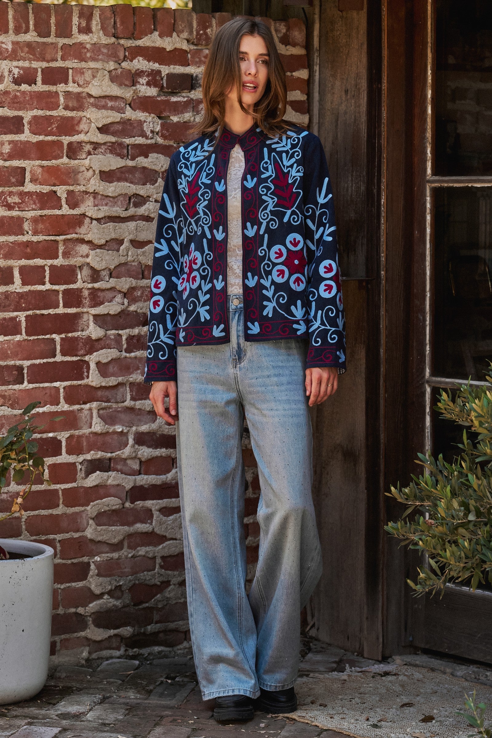 Embroidered Corduroy Jacket with Folk Floral Scroll in NAVY - Women's Jackets & Blazers | Urban Daizy
