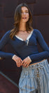 Lace Trim Slub Knit Henley Long Sleeve Top | wholesale knit top - women's | Urban Daizy