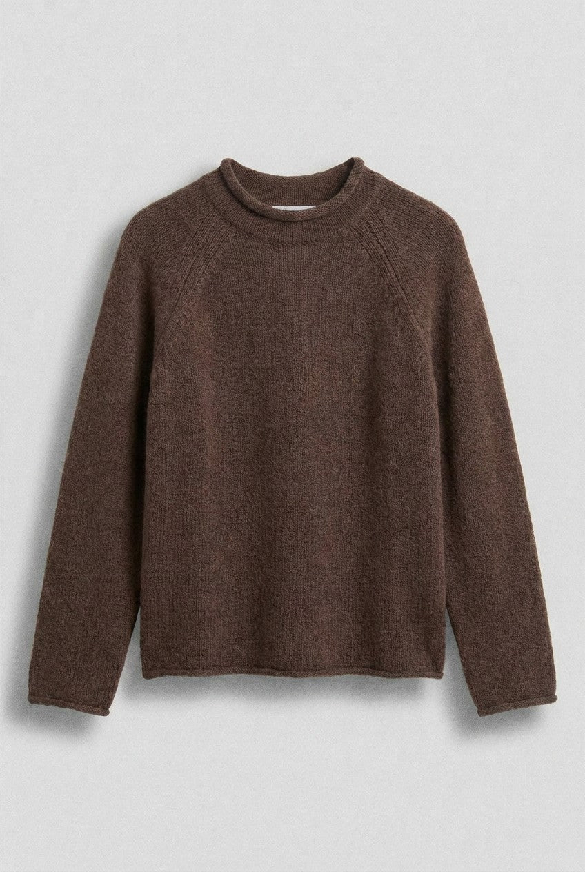 Striped Mock Neck Sweater with Rolled Neckline in BROWN - Women's Sweaters | Urban Daizy