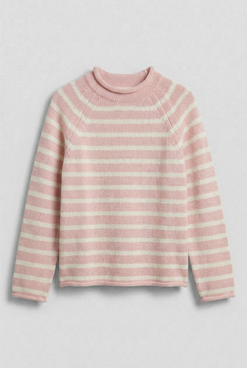 Striped Mock Neck Sweater with Rolled Neckline in IVORY PINK - Women's Sweaters | Urban Daizy
