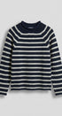 Striped Mock Neck Sweater with Rolled Neckline in IVORY NAVY - Women's Sweaters | Urban Daizy