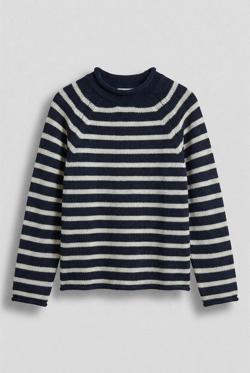 Striped Mock Neck Sweater with Rolled Neckline in IVORY NAVY - Women's Sweaters | Urban Daizy