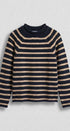 Striped Mock Neck Sweater with Rolled Neckline in BLACK CAMEL - Women's Sweaters | Urban Daizy