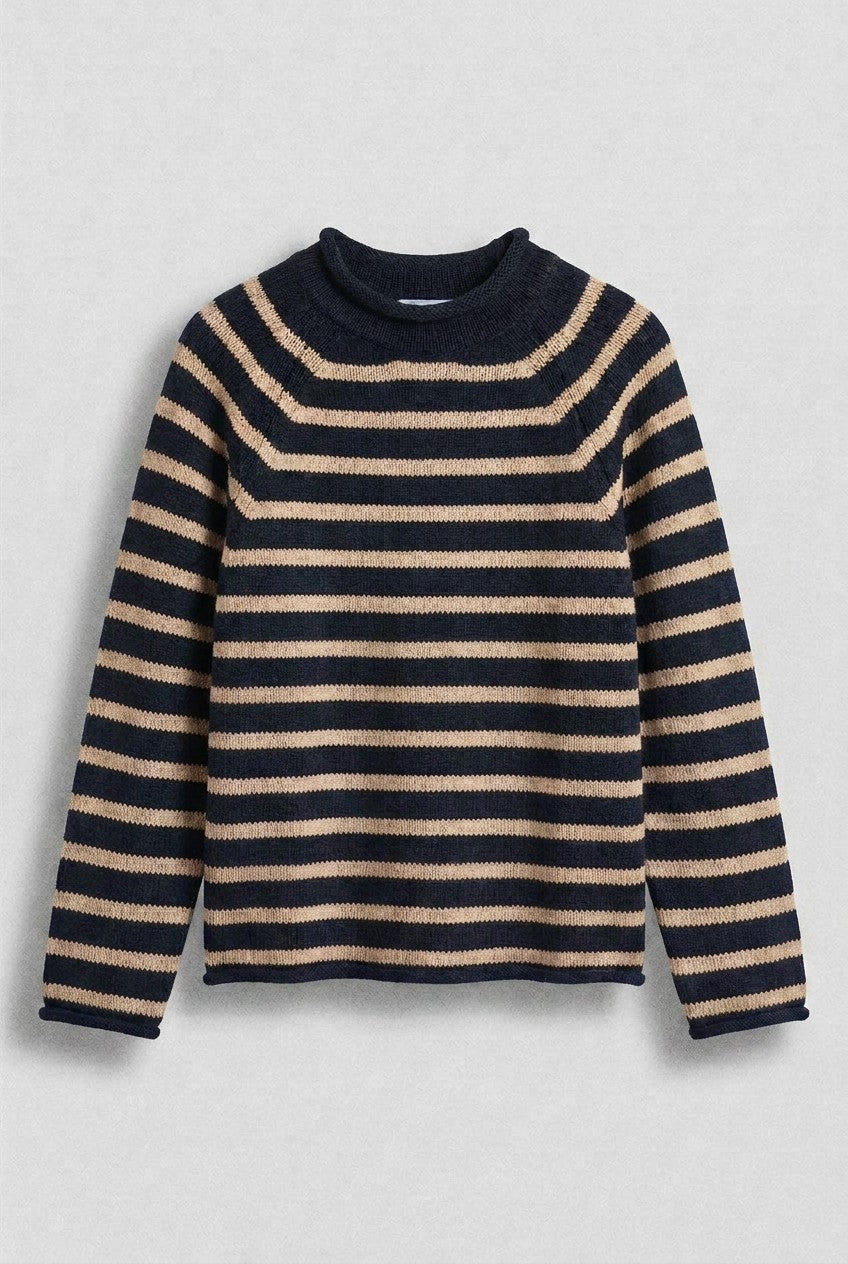 Striped Mock Neck Sweater with Rolled Neckline in BLACK CAMEL - Women's Sweaters | Urban Daizy