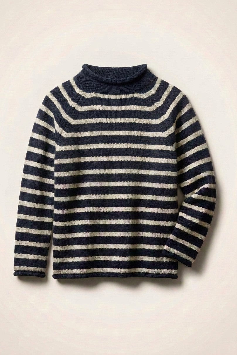 Striped Mock Neck Sweater with Rolled Neckline - Women's Sweaters | Urban Daizy