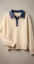 Denim Collar Polo Sweater with Gold Buttons in IVORY - Women's Sweaters | Urban Daizy