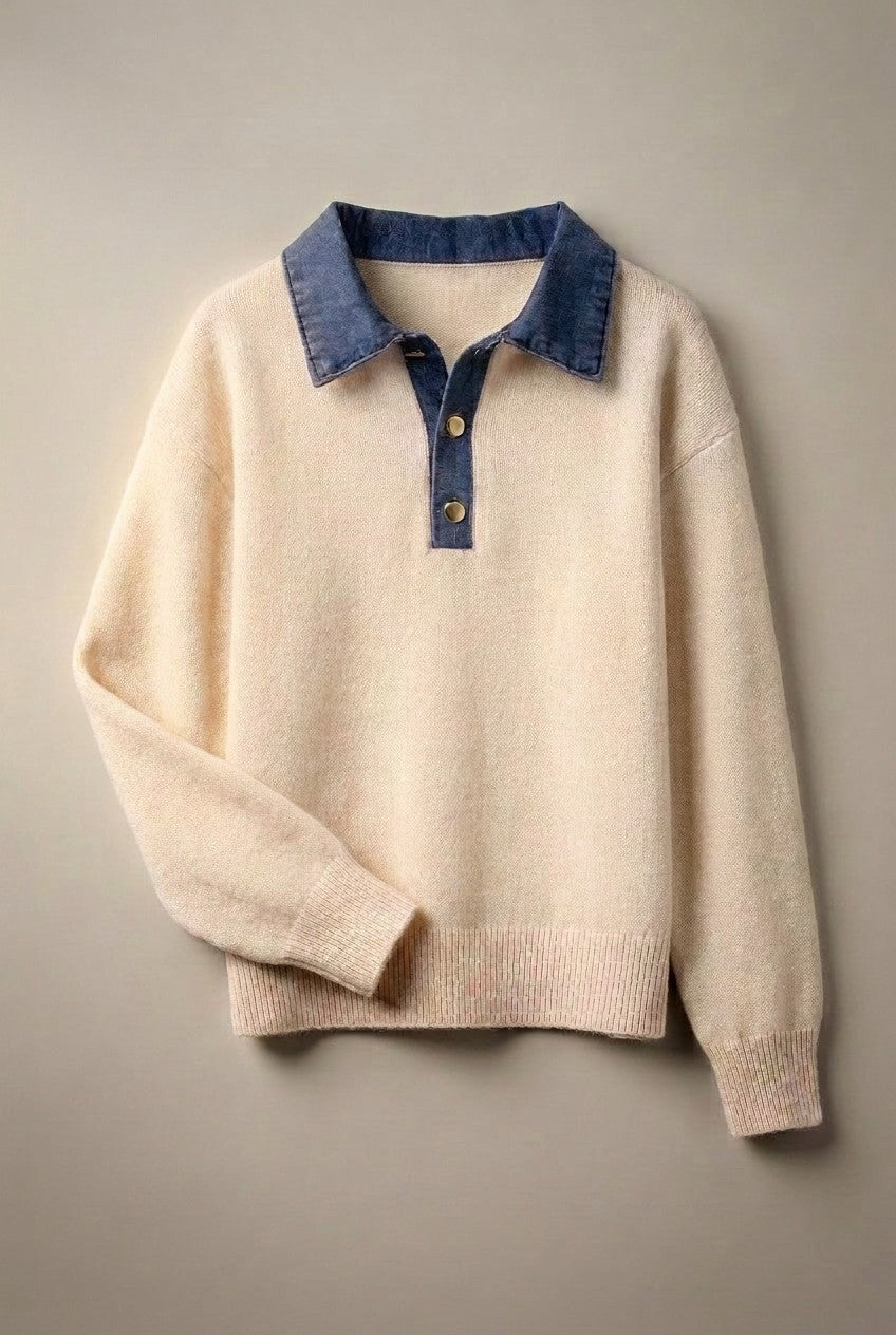 Denim Collar Polo Sweater with Gold Buttons in IVORY - Women's Sweaters | Urban Daizy