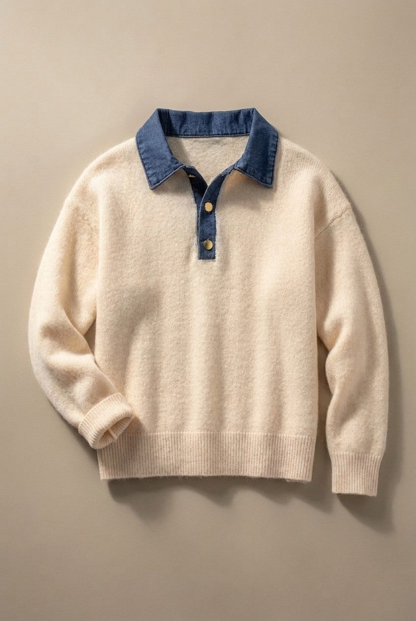 Denim Collar Polo Sweater with Gold Buttons - Women's Sweaters | Urban Daizy