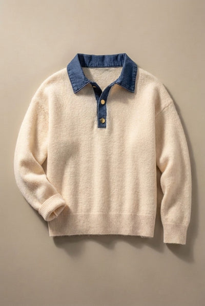 Denim Collar Polo Sweater with Gold Buttons
