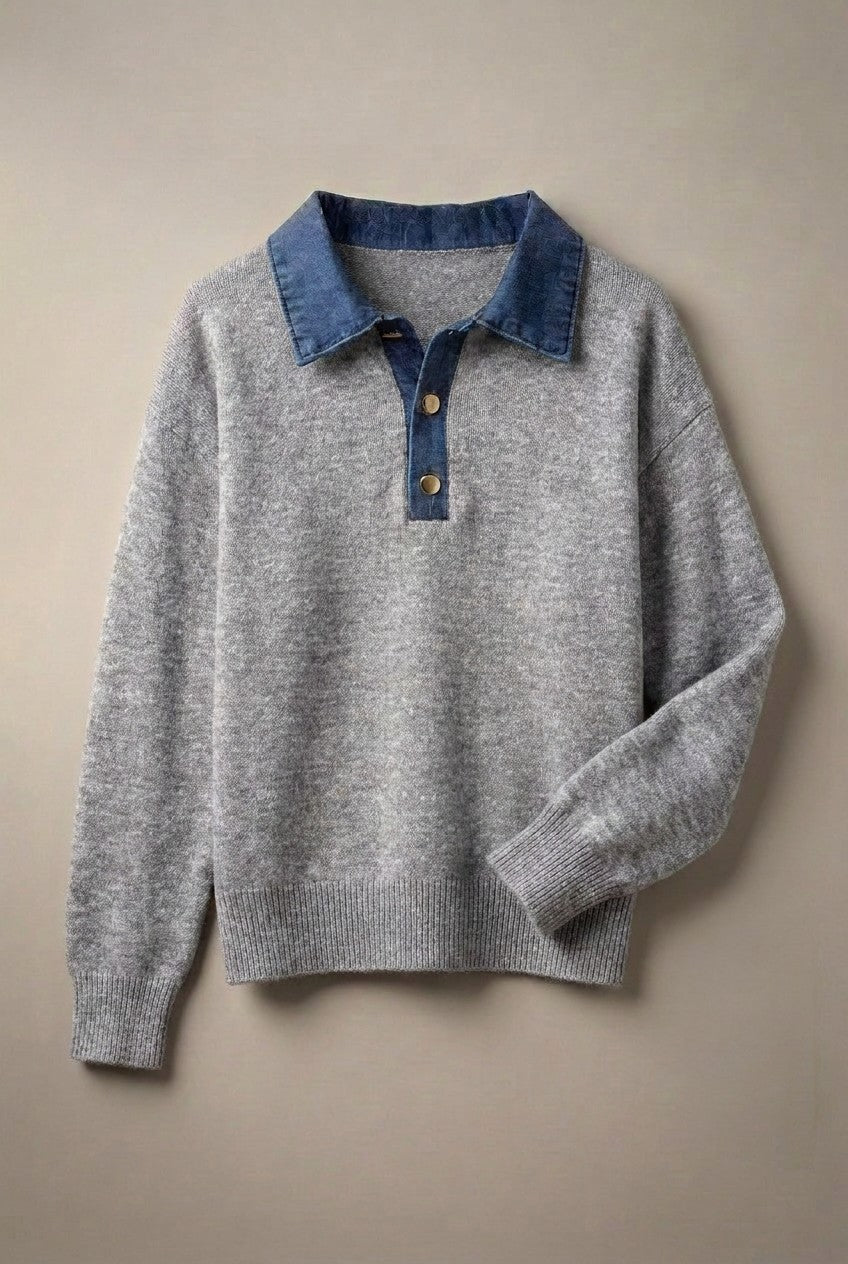 Denim Collar Polo Sweater with Gold Buttons in GREY - Women's Sweaters | Urban Daizy