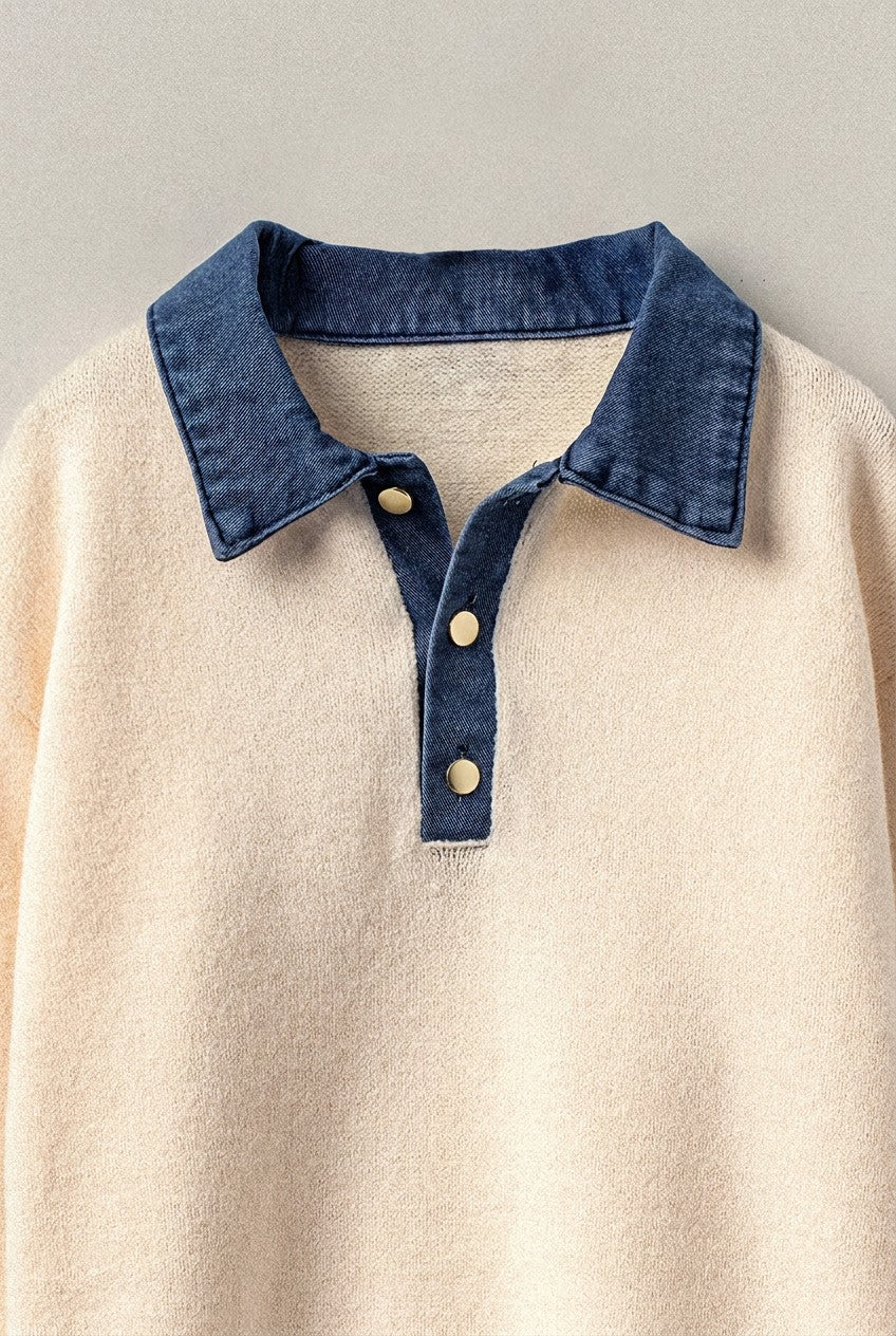 Denim Collar Polo Sweater with Gold Buttons in IVORY - Women's Sweaters | Urban Daizy