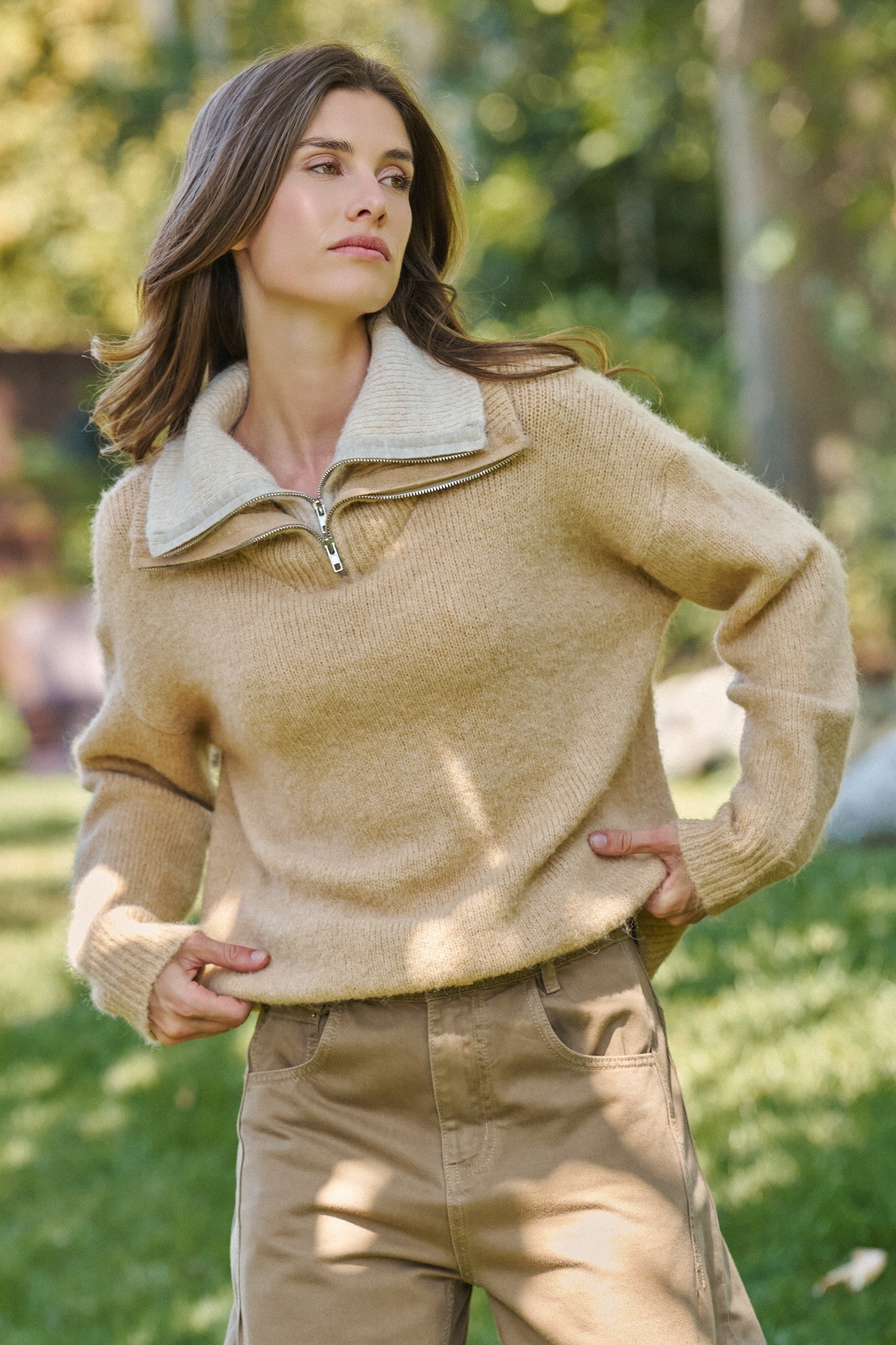 Wool Blend Half Zip Sweater with Double Collar in CAMEL - Women's Sweaters | Urban Daizy