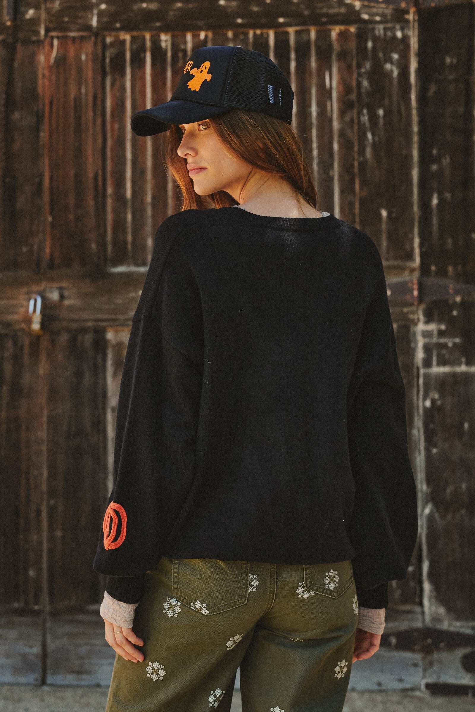 Pumpkin Embroidered Crew Neck Sweater in BLACK - Women's Sweaters | Urban Daizy