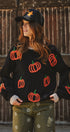 Pumpkin Embroidered Crew Neck Sweater in BLACK - Women's Sweaters | Urban Daizy