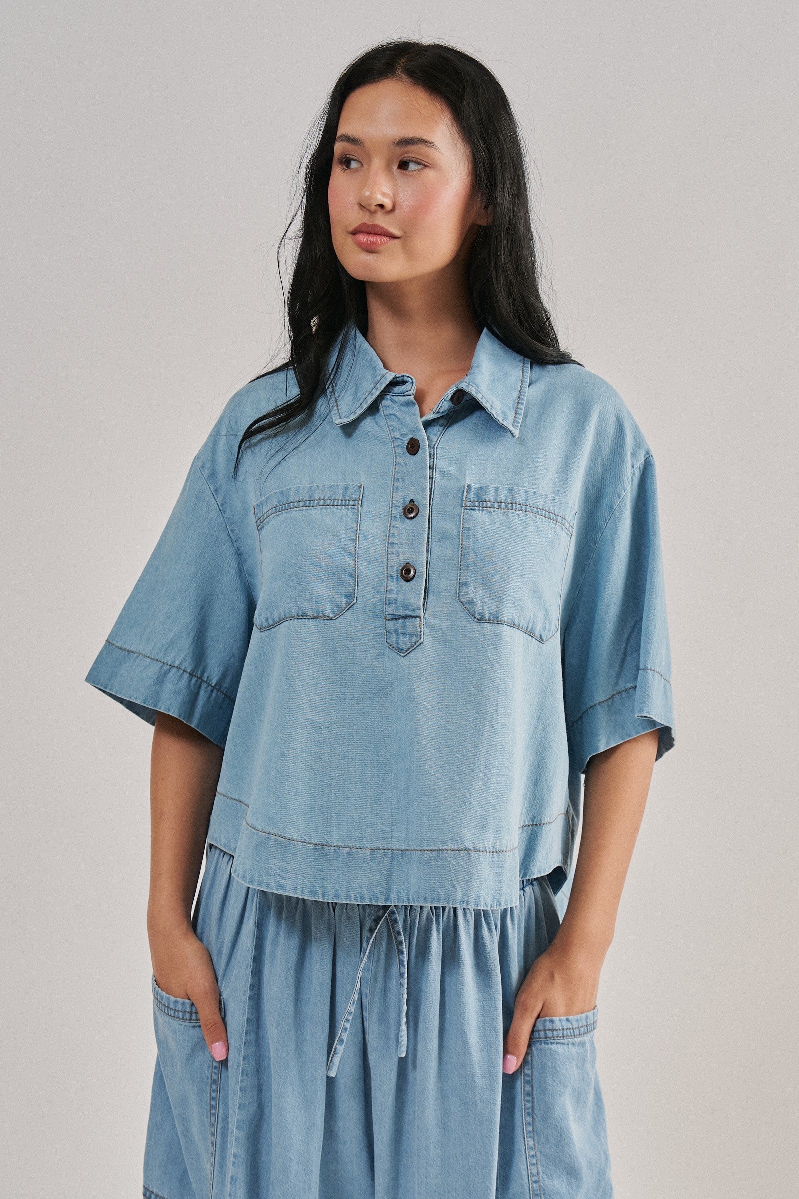 Washed Utility Half-Placket Cropped Shirt in CHAMBRAY - Women's Shirts & Blouses | Urban Daizy
