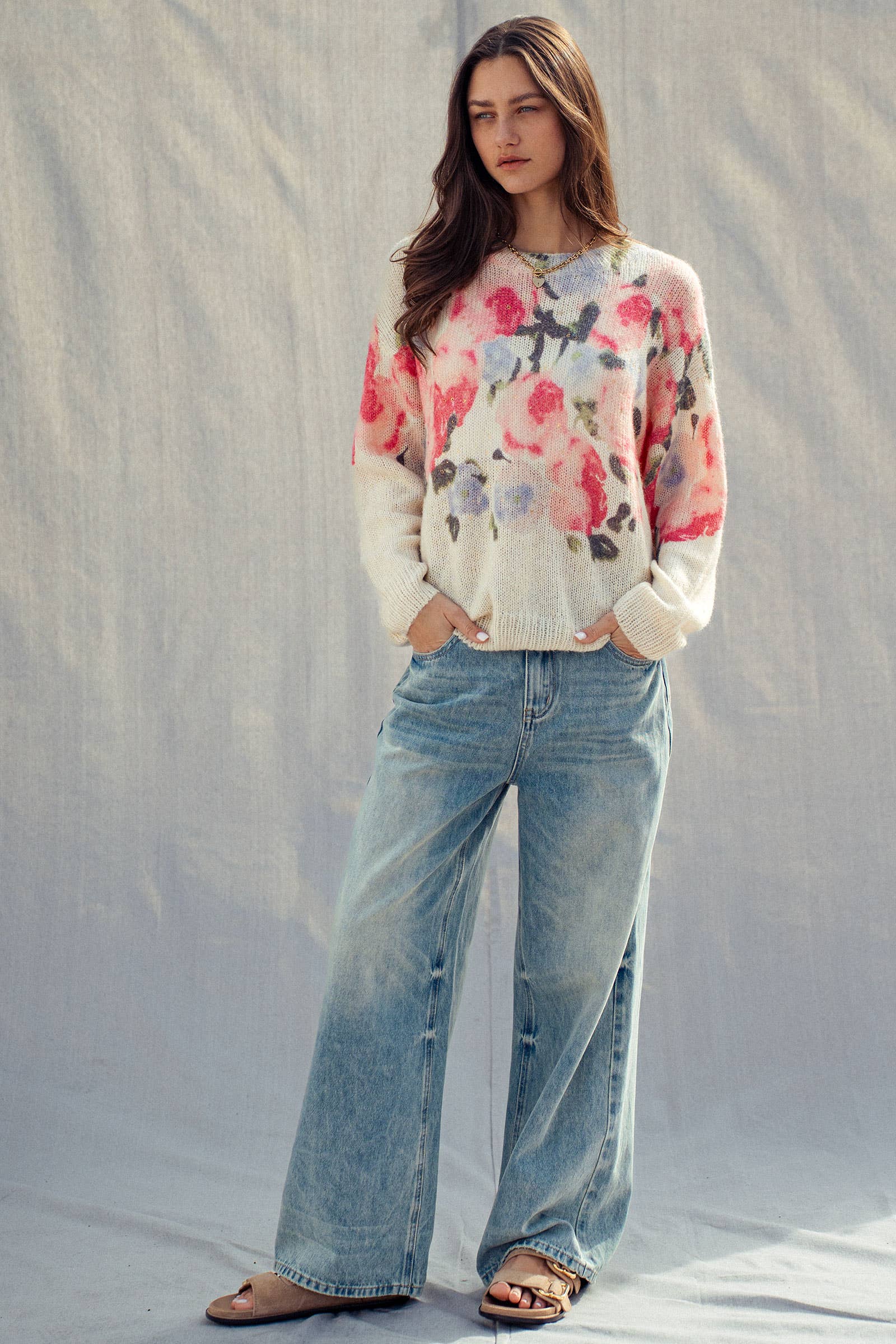 Oversized Floral Print Soft Knit Sweater