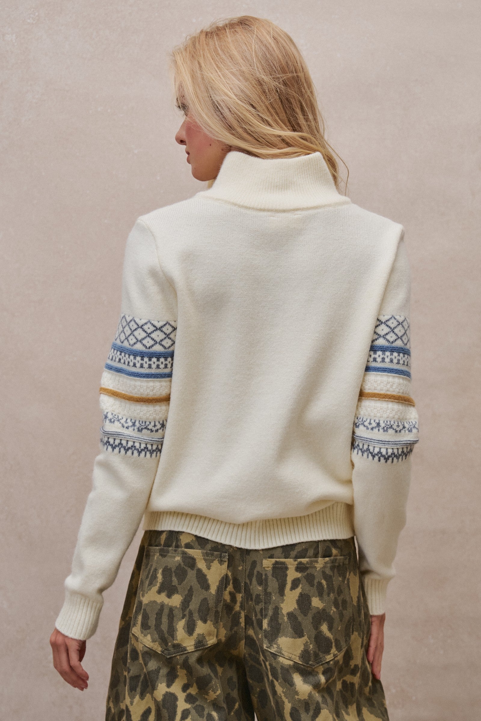 Fair Isle Quarter Zip Sweater Wool Blend with Leather Pull T in IVORY - Women's Cardigans & Shrugs | Urban Daizy