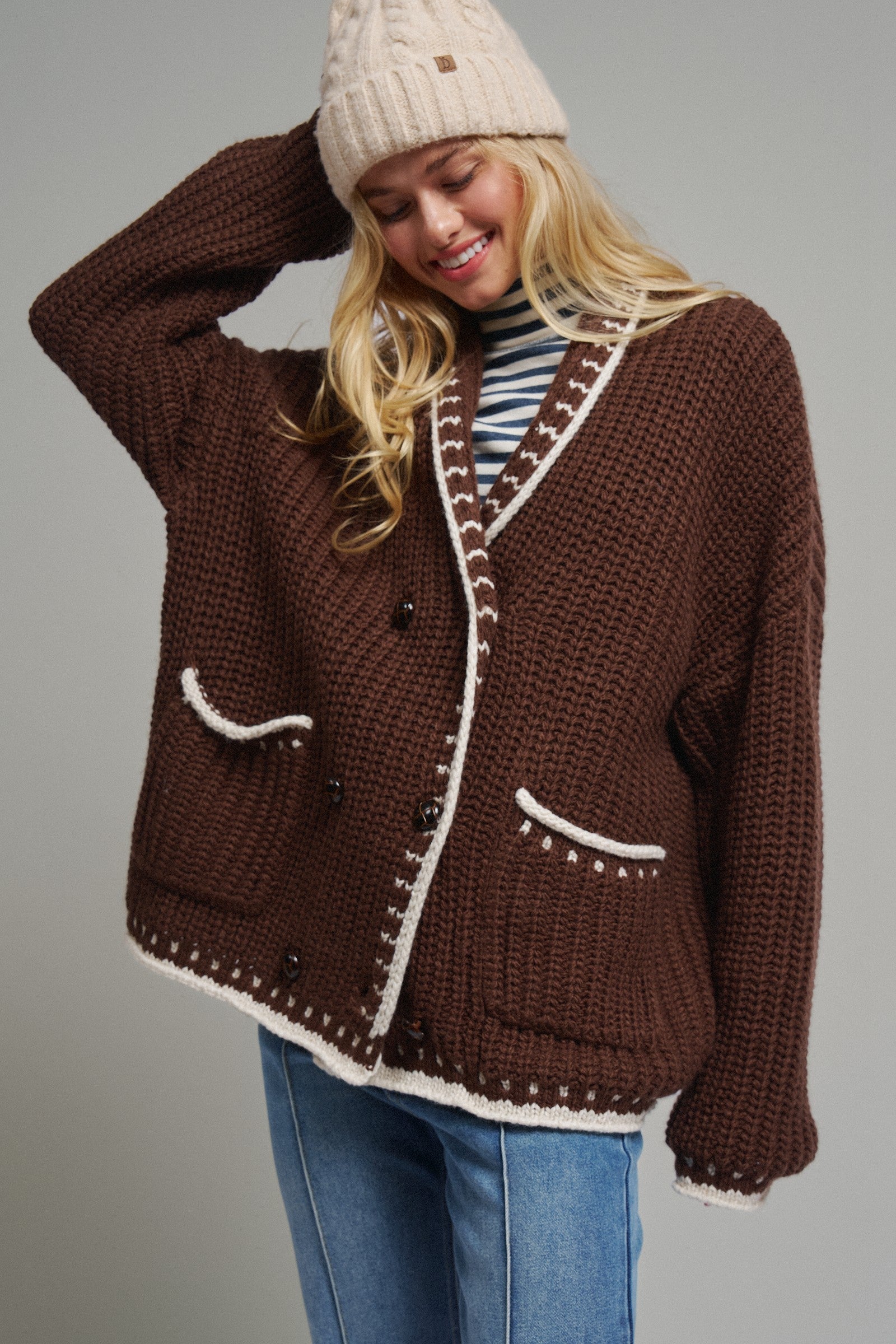 Chunky Knit Cardigan Sweater with Stitch Looks in BROWN - Women's Cardigans & Shrugs | Urban Daizy