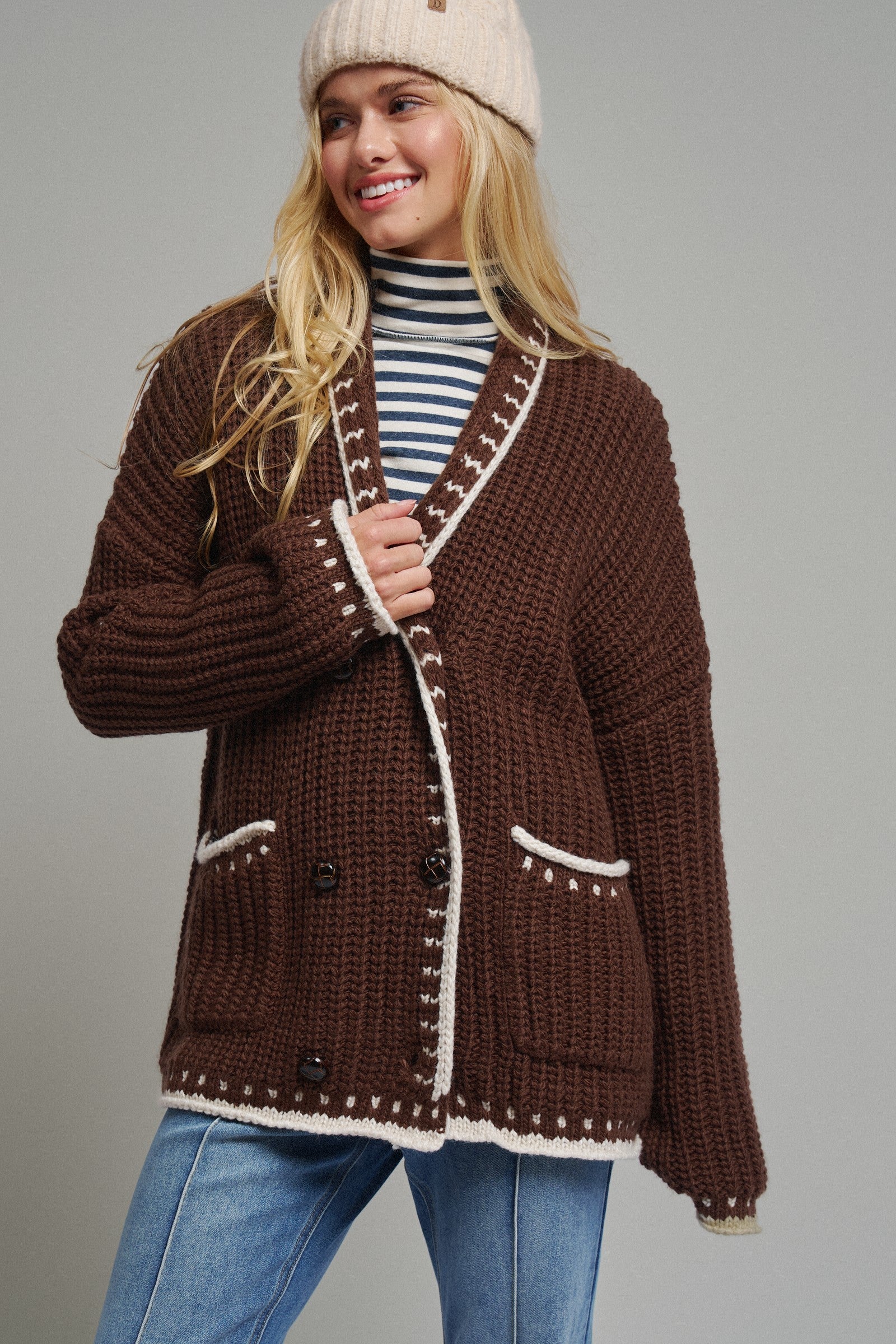 Chunky Knit Cardigan Sweater with Stitch Looks in BROWN - Women's Cardigans & Shrugs | Urban Daizy