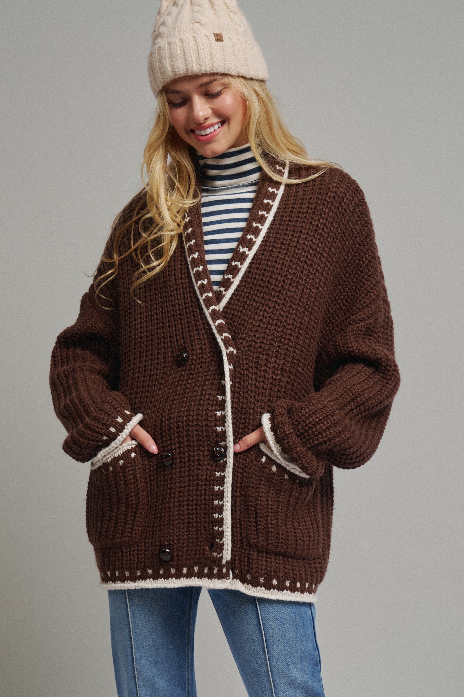 Chunky Knit Cardigan Sweater with Stitch Looks in BROWN - Women's Cardigans & Shrugs | Urban Daizy