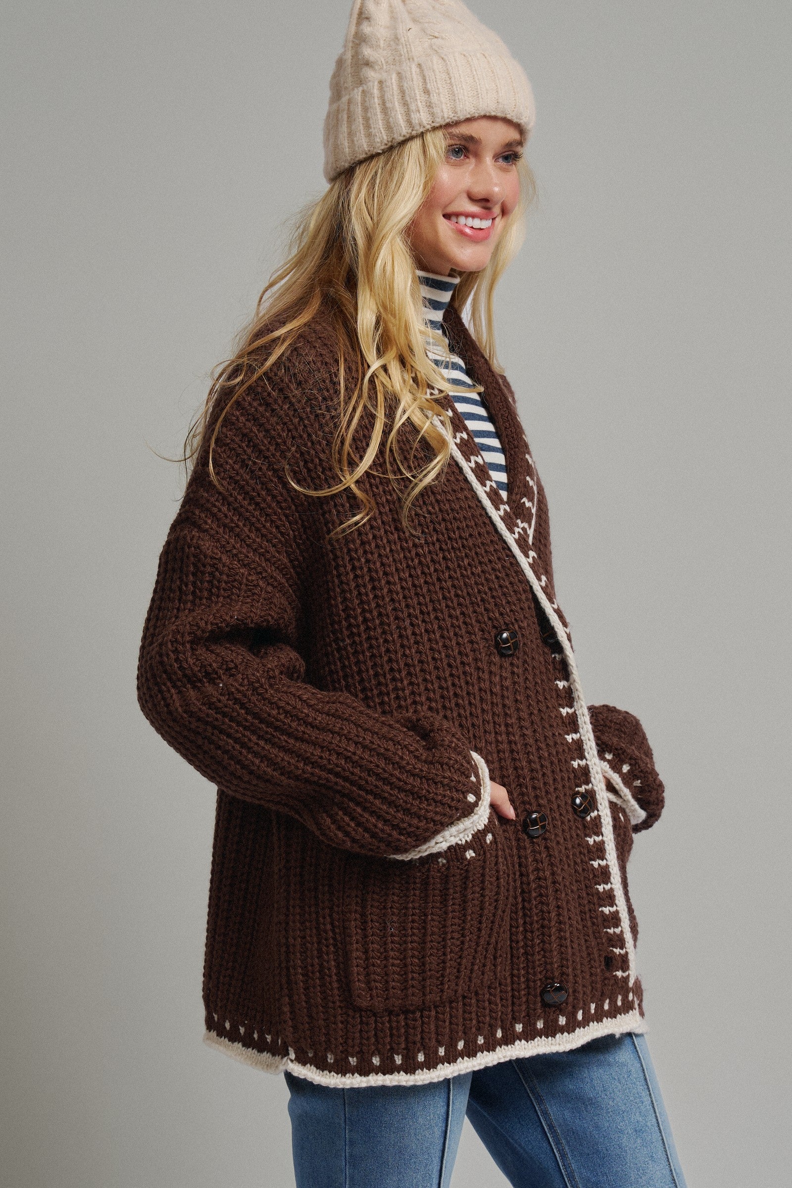 Chunky Knit Cardigan Sweater with Stitch Looks in BROWN - Women's Cardigans & Shrugs | Urban Daizy