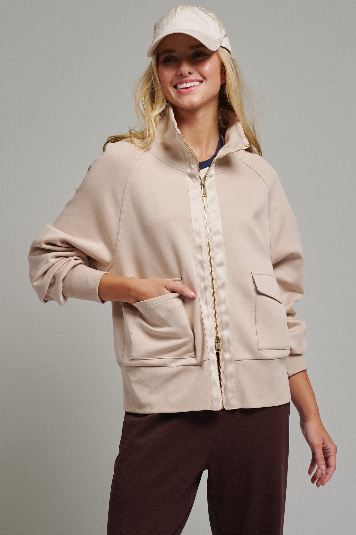 Scuba Zip Up Track Bomber Jacket Pilates Athflow for Women in SAND - Women's Jackets & Blazers | Urban Daizy