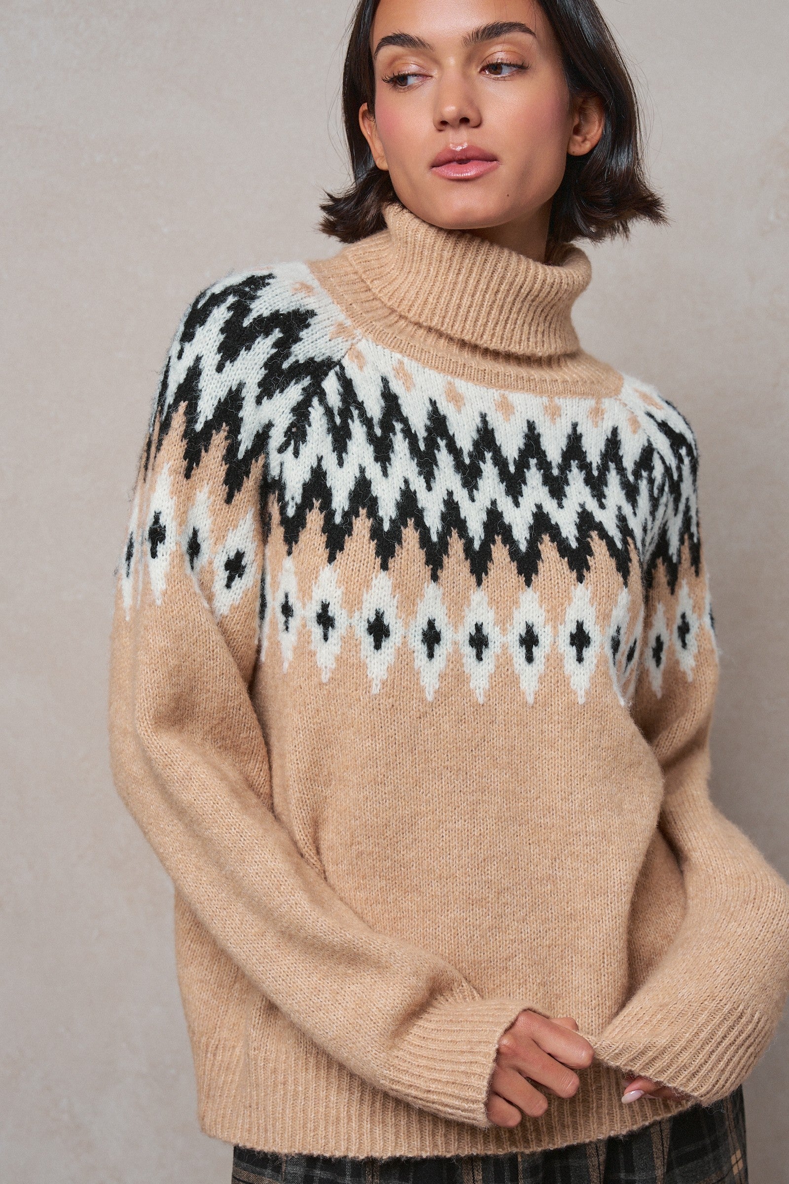Icelandic Yoke Turtleneck Sweater in TAUPE MULTI - Women's Sweaters | Urban Daizy