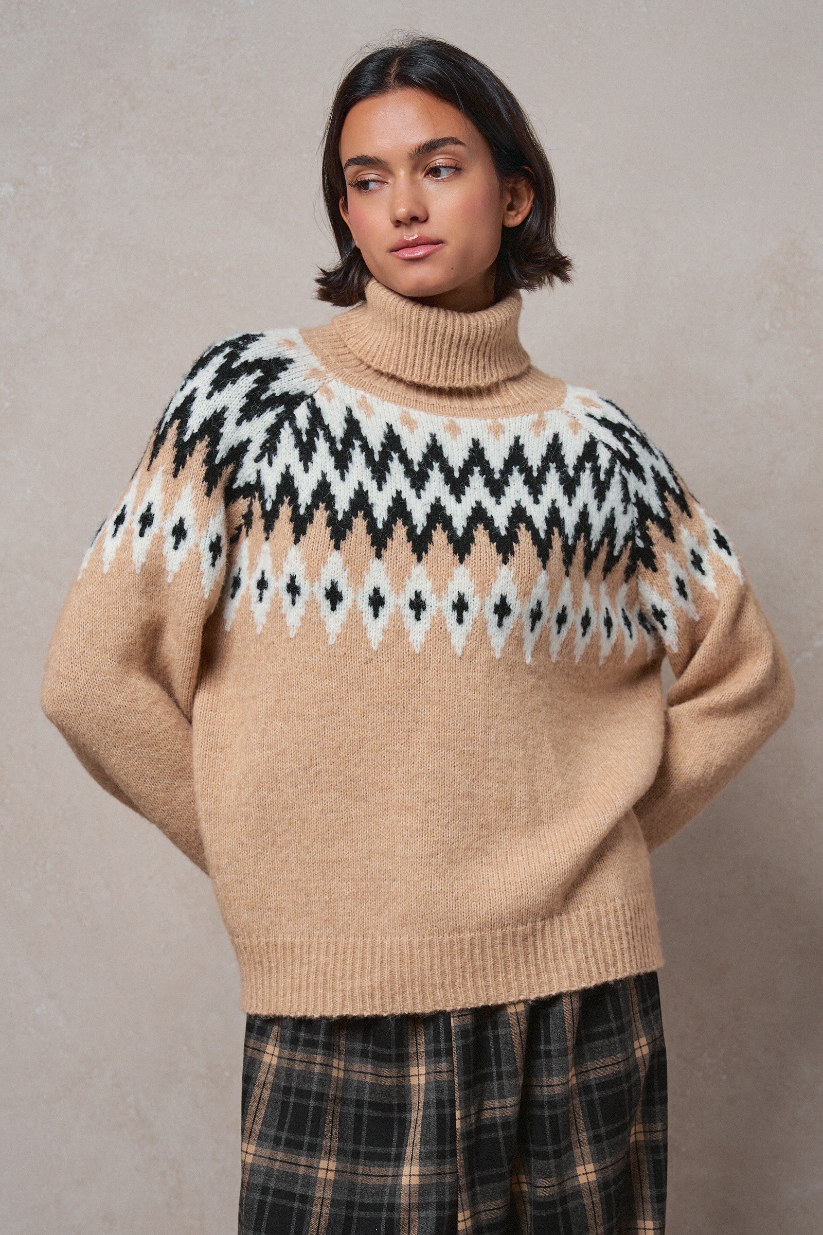 Icelandic Yoke Turtleneck Sweater in TAUPE MULTI - Women's Sweaters | Urban Daizy