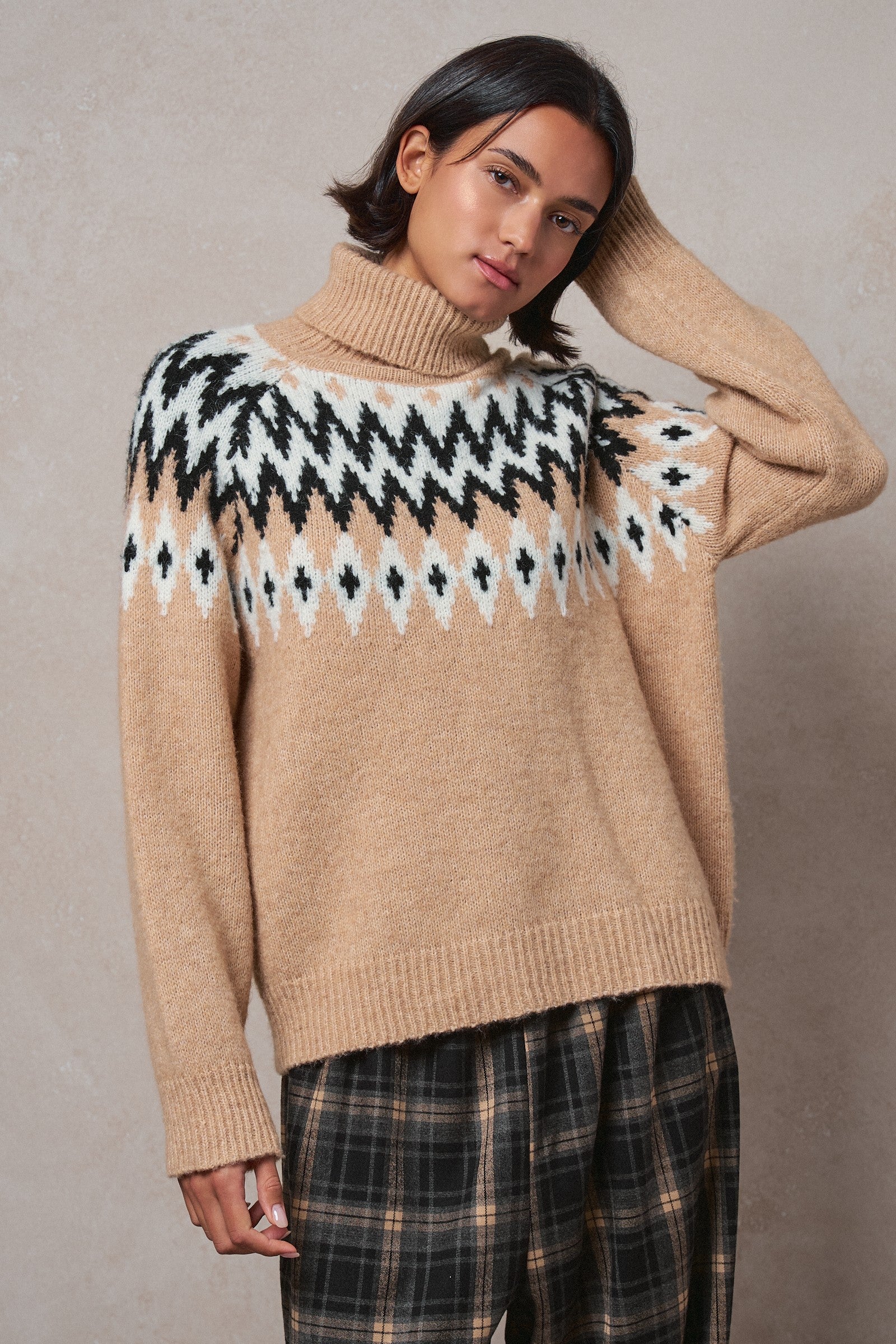 Icelandic Yoke Turtleneck Sweater in TAUPE MULTI - Women's Sweaters | Urban Daizy