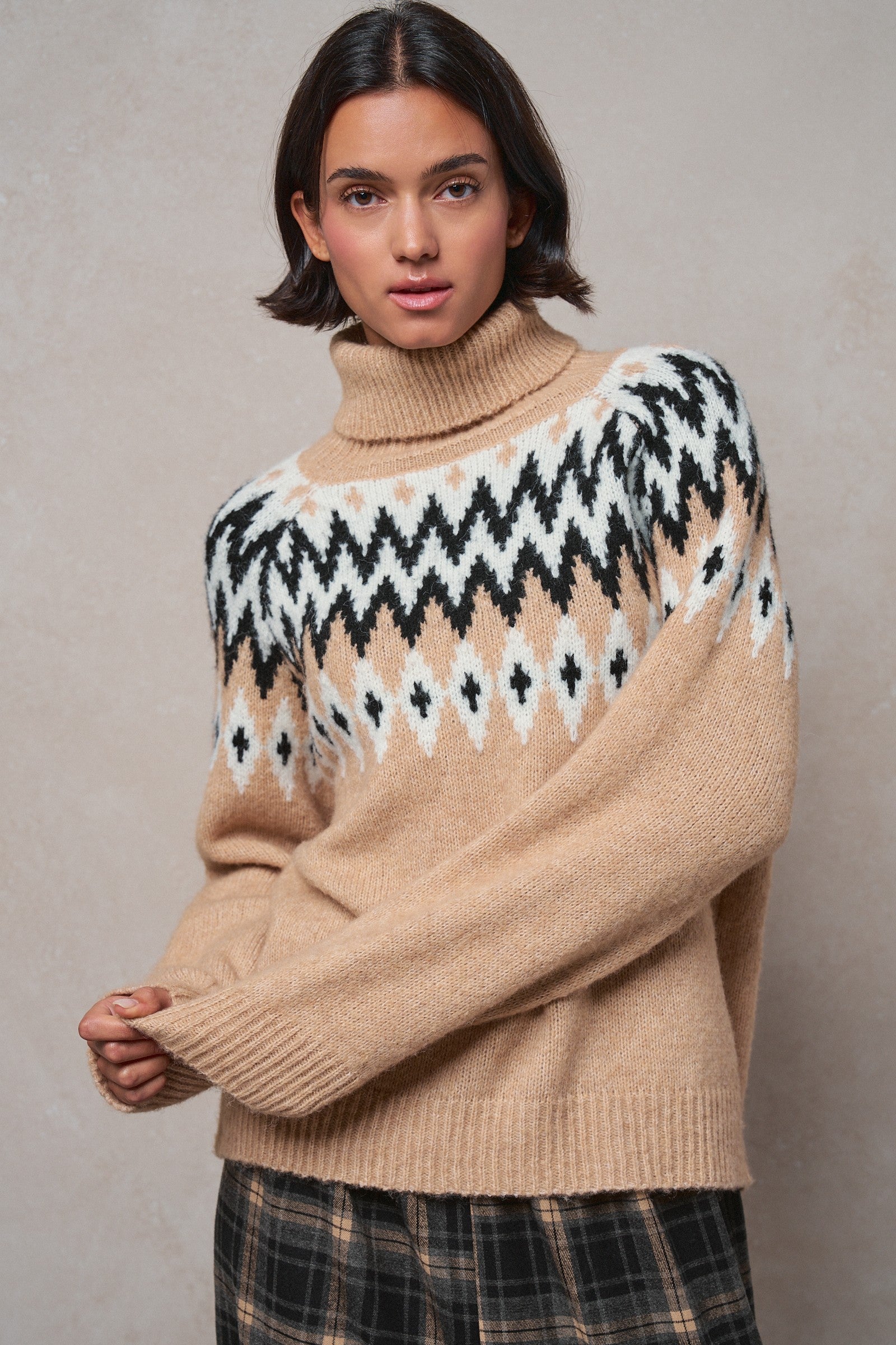 Icelandic Yoke Turtleneck Sweater in TAUPE MULTI - Women's Sweaters | Urban Daizy