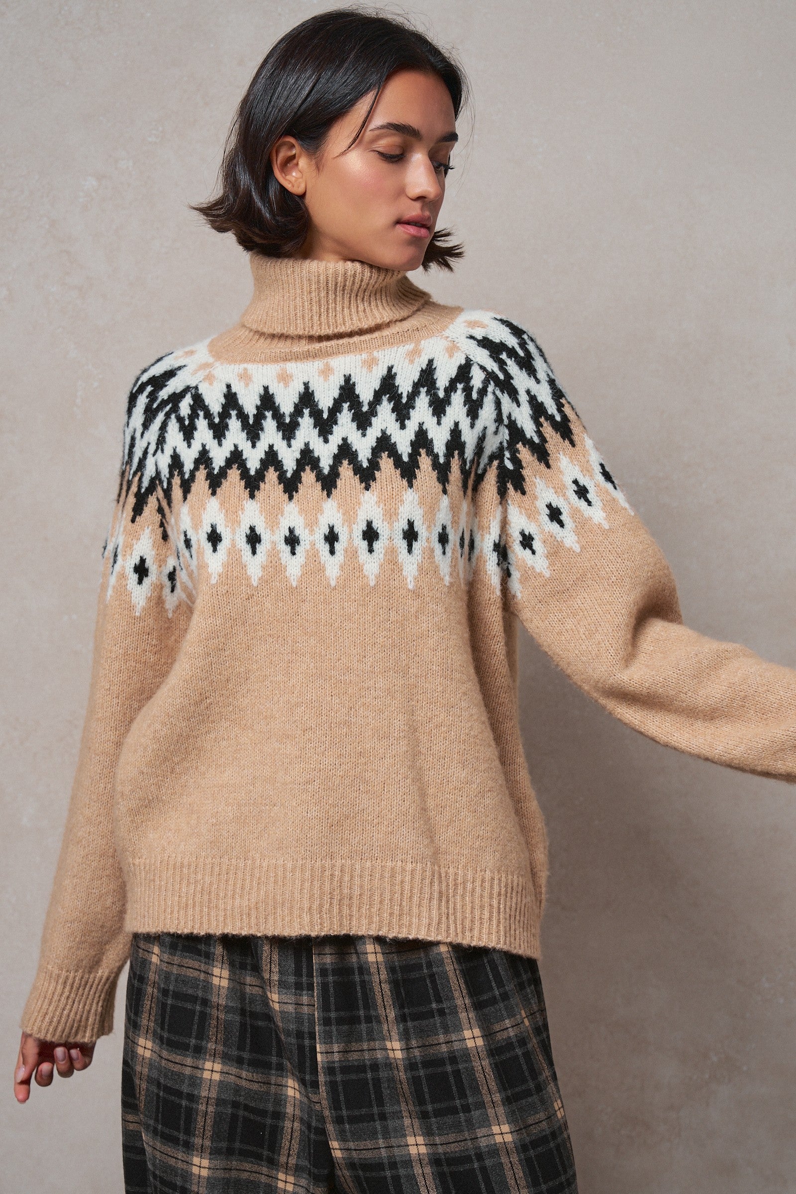 Icelandic Yoke Turtleneck Sweater in TAUPE MULTI - Women's Sweaters | Urban Daizy