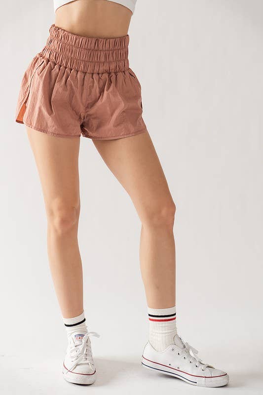 High-Waisted Smocked Nylon Running Shorts with Liner