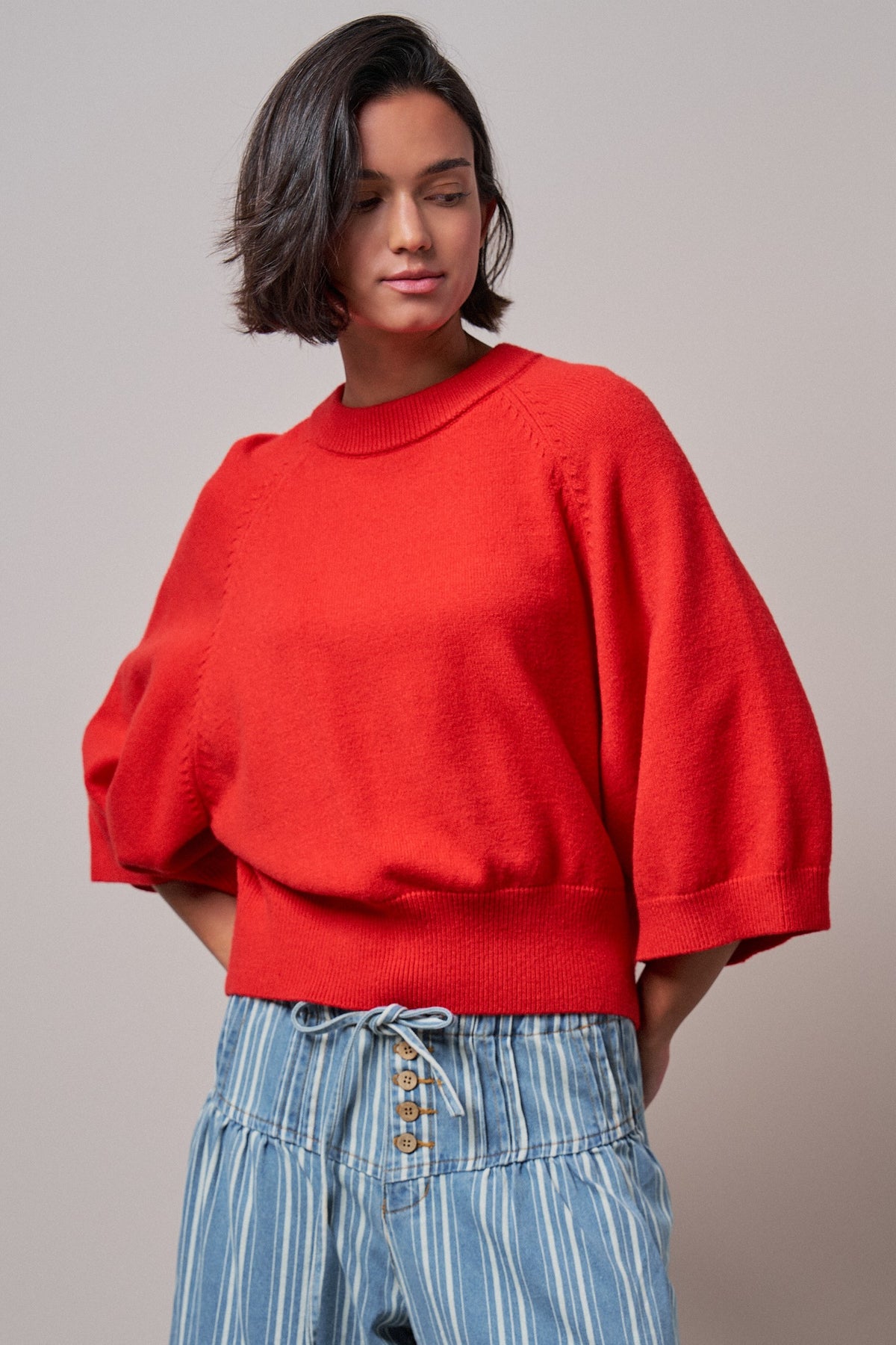 Relaxed Batwing Sleeve Sweater Top in RED - Women's Sweaters | Urban Daizy