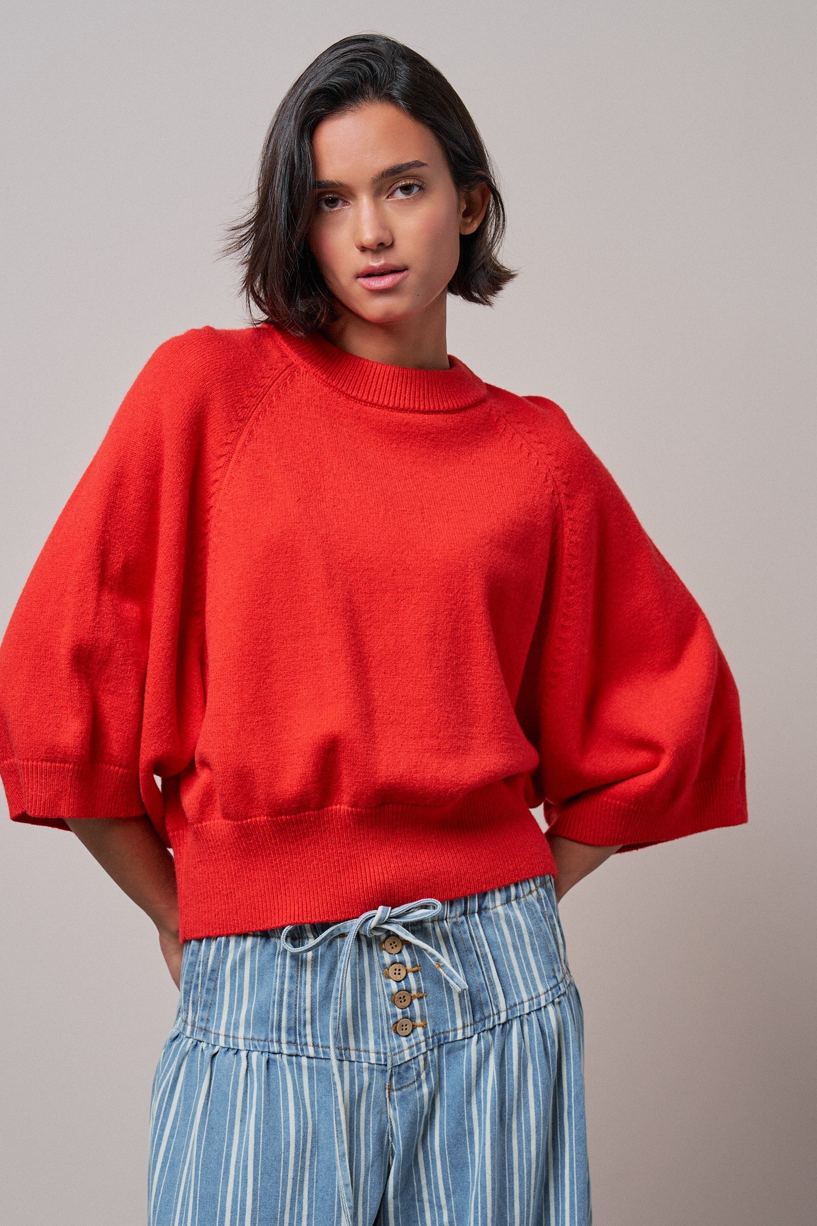 Relaxed Batwing Sleeve Sweater Top in RED - Women's Sweaters | Urban Daizy
