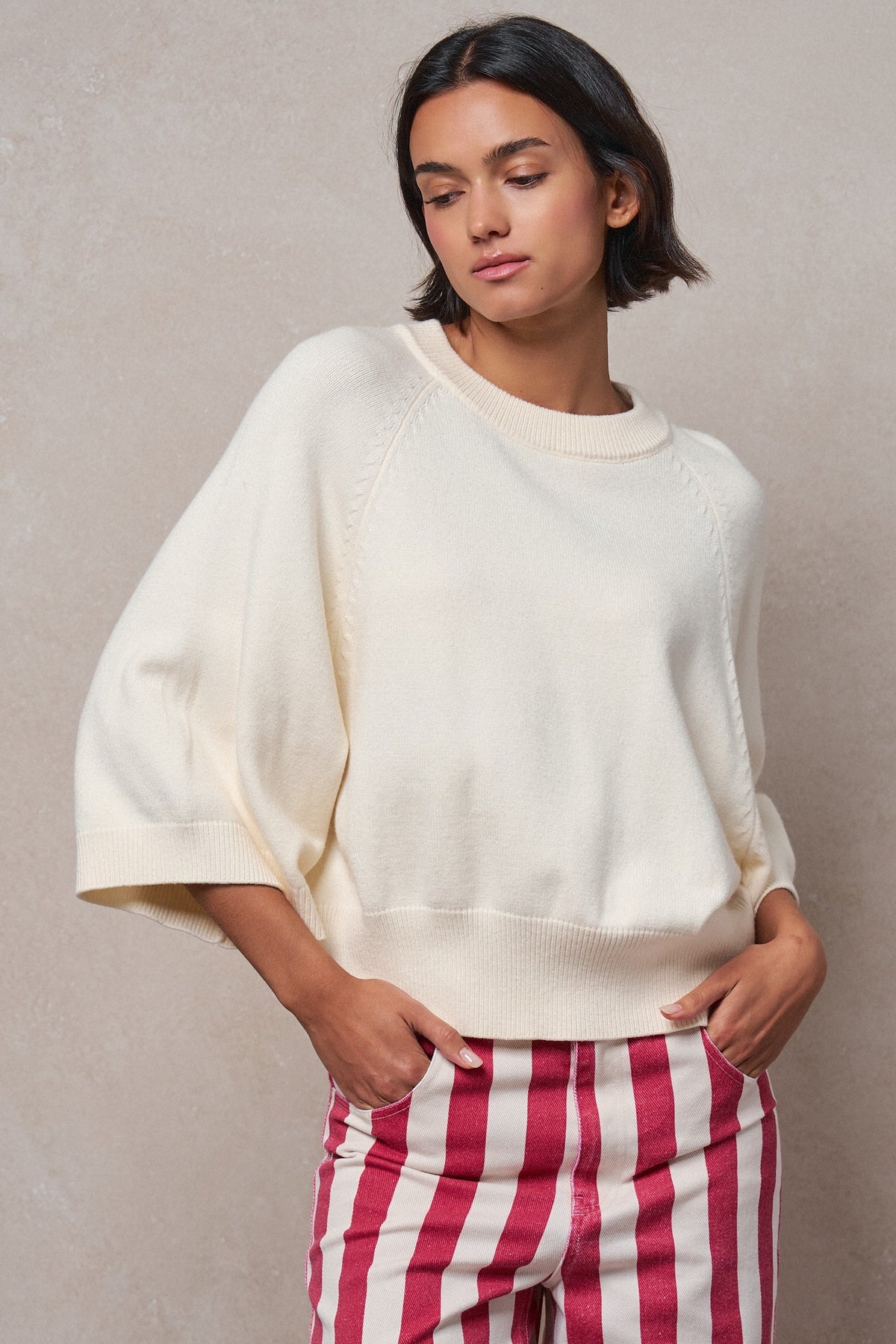 Relaxed Batwing Sleeve Sweater Top in IVORY - Women's Sweaters | Urban Daizy