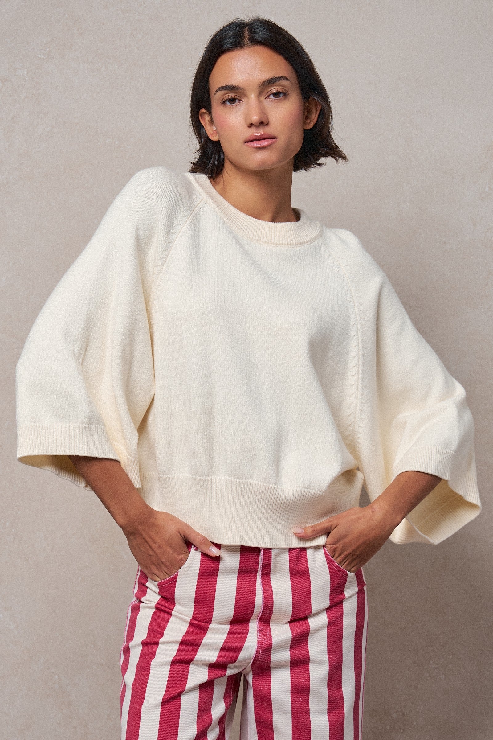 Relaxed Batwing Sleeve Sweater Top in IVORY - Women's Sweaters | Urban Daizy