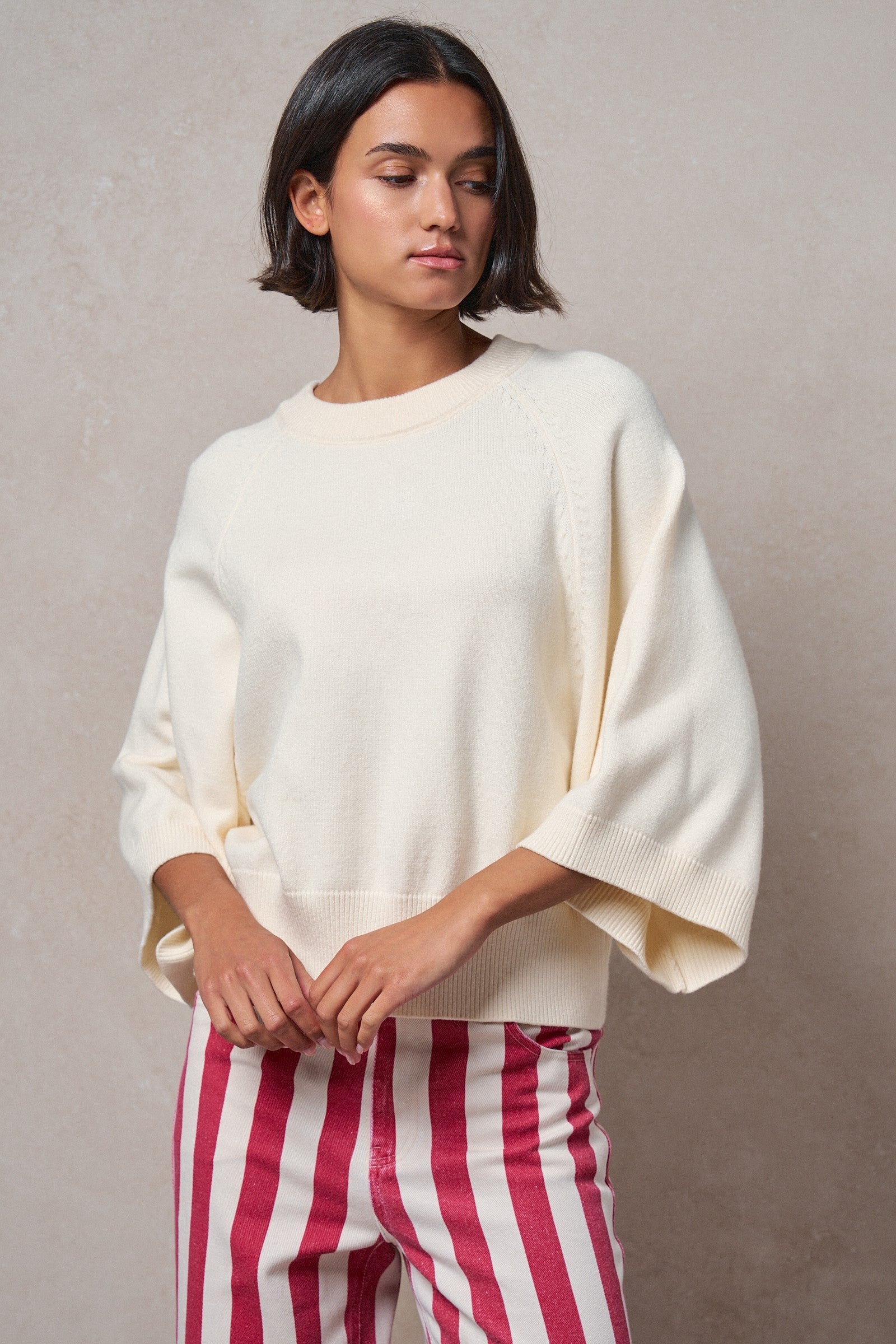 Relaxed Batwing Sleeve Sweater Top in IVORY - Women's Sweaters | Urban Daizy