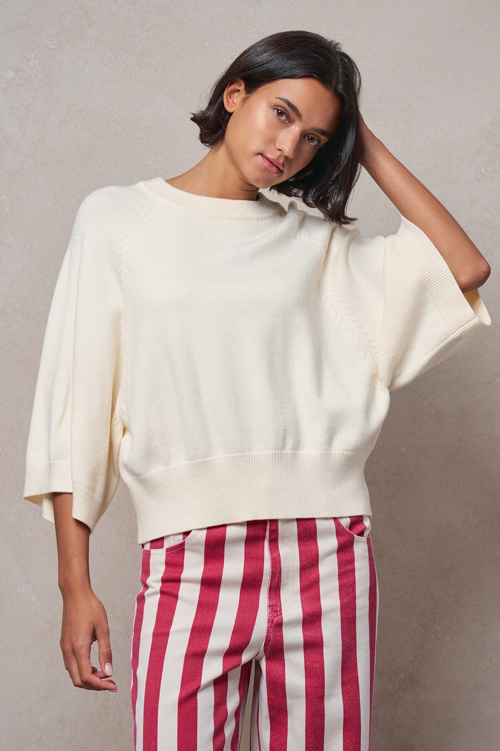 Relaxed Batwing Sleeve Sweater Top in IVORY - Women's Sweaters | Urban Daizy