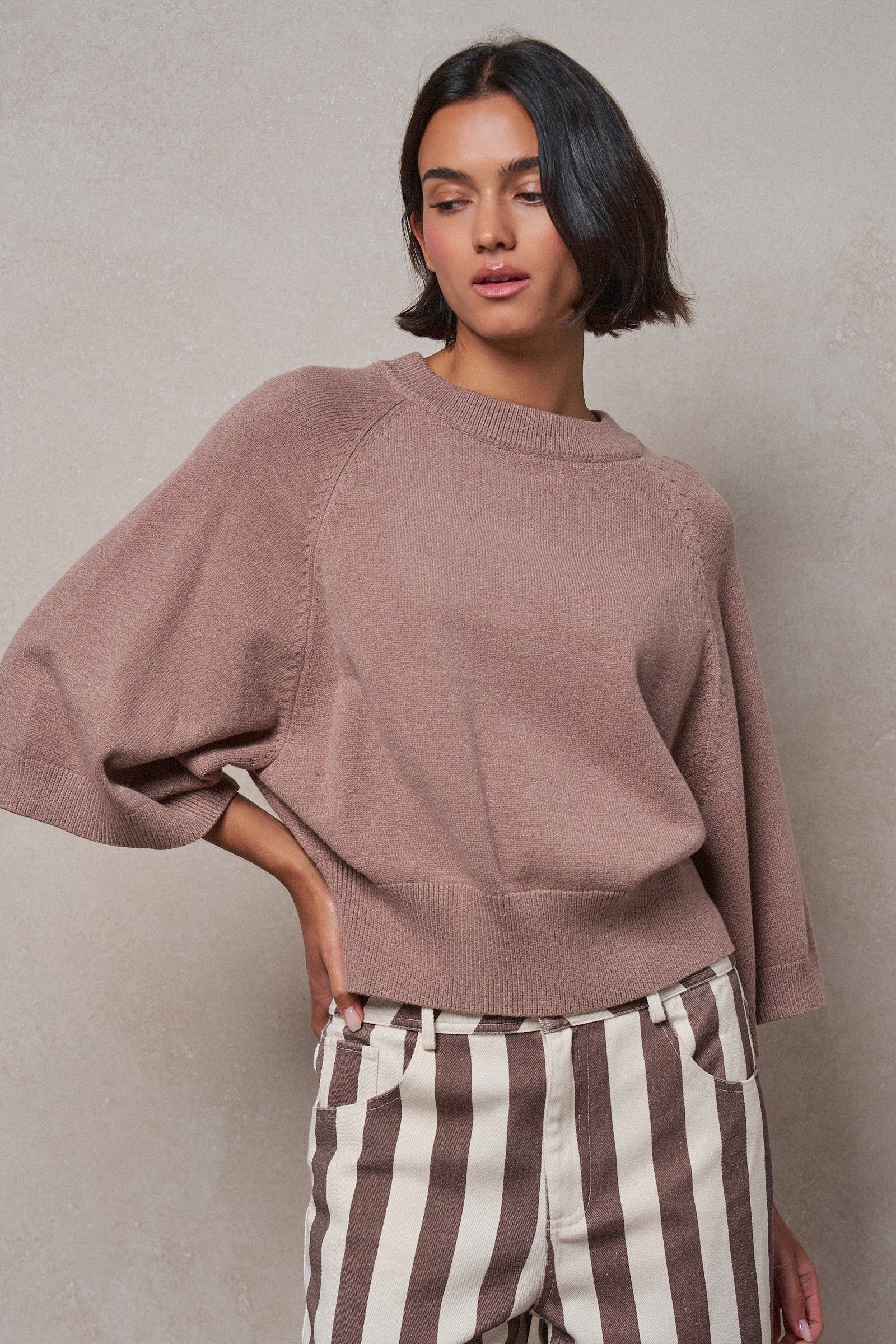 Relaxed Batwing Sleeve Sweater Top in MOCHA - Women's Sweaters | Urban Daizy