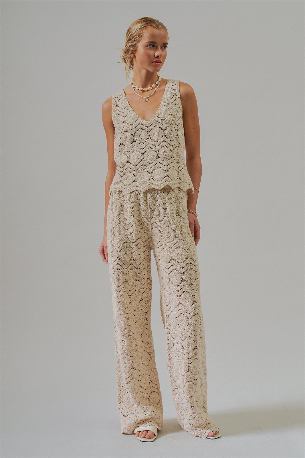 Natural Crochet Wide-Leg Pants