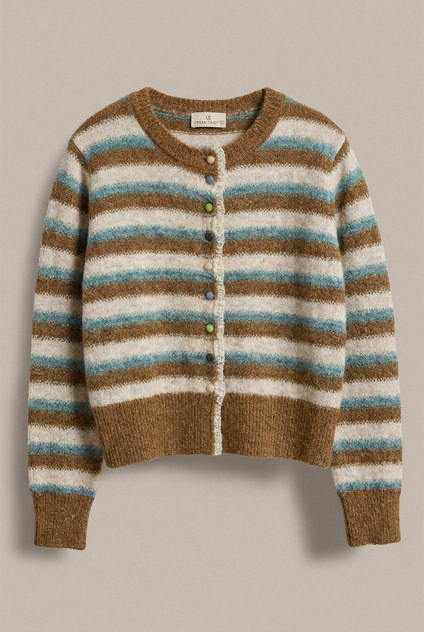 Lace Trim Striped Knit Cardigan With Candy Buttons