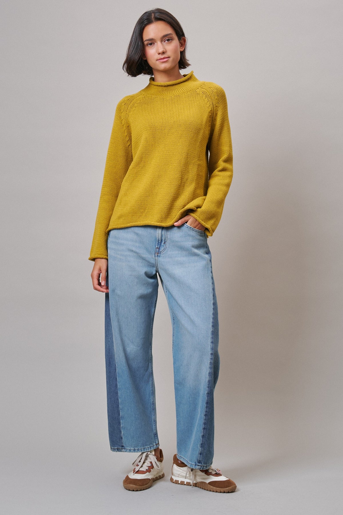 Striped Mock Neck Sweater with Rolled Neckline in MUSTARD - Women's Sweaters | Urban Daizy